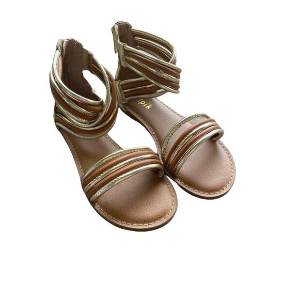 kidpik Girls Sandals Size 2 Gold Brown Gladiator Style Back Zip Strappy - Picture 1 of 9